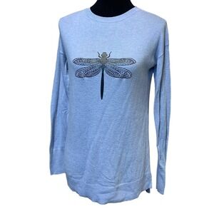 Hand Printed Upcycled Womens Small Dragonfly Soft Long Sleeve Sweater